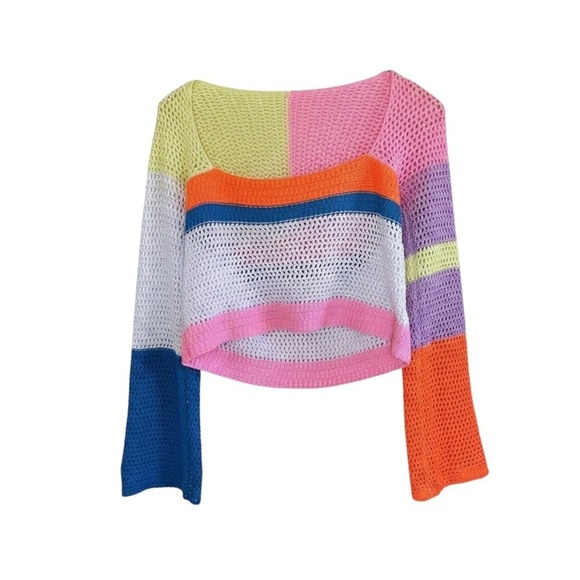 The Unbranded Brand Tops - Multicolor Crochet Knit Colorblock Crop Top Square Neck Long Sleeve Small